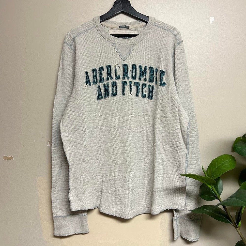 Abercrombie & Fitch Grey Muscle Thermal Shirt XL Y2K Spellout Distressed Waffle